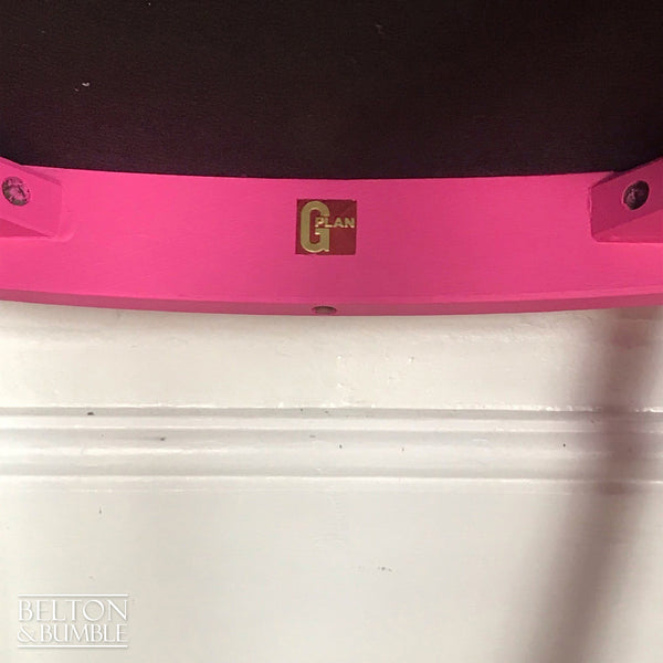 Bright Pink Single G Plan Chair with Grey Velvet Seat – Close-up of G-Plan label detail 