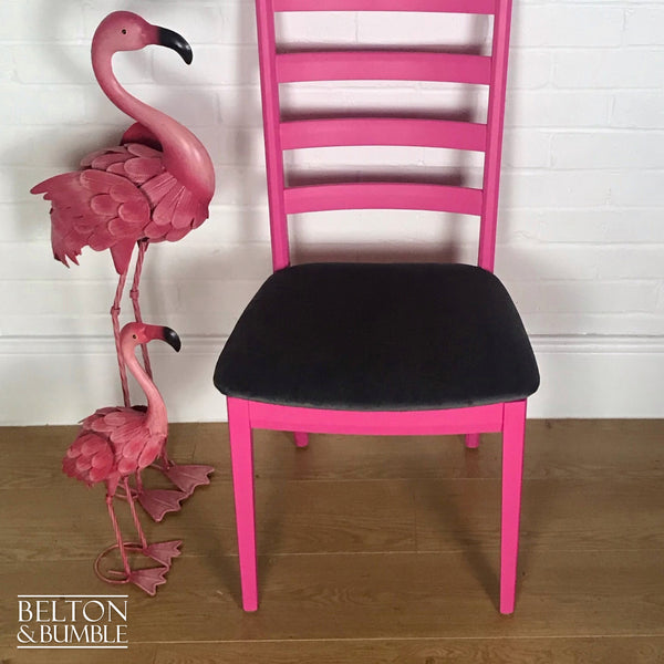 Bright Pink Single G Plan Chair with Grey Velvet Seat – Top surface detail showing pink paint detail and grey velvet seat pad