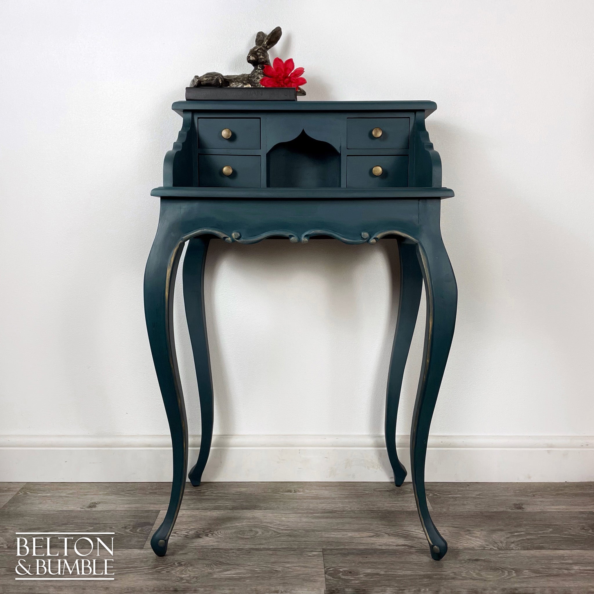 Petite Console Bureau Hallway Table in Dark Teal Blue and Bronze-Belton & Bumble