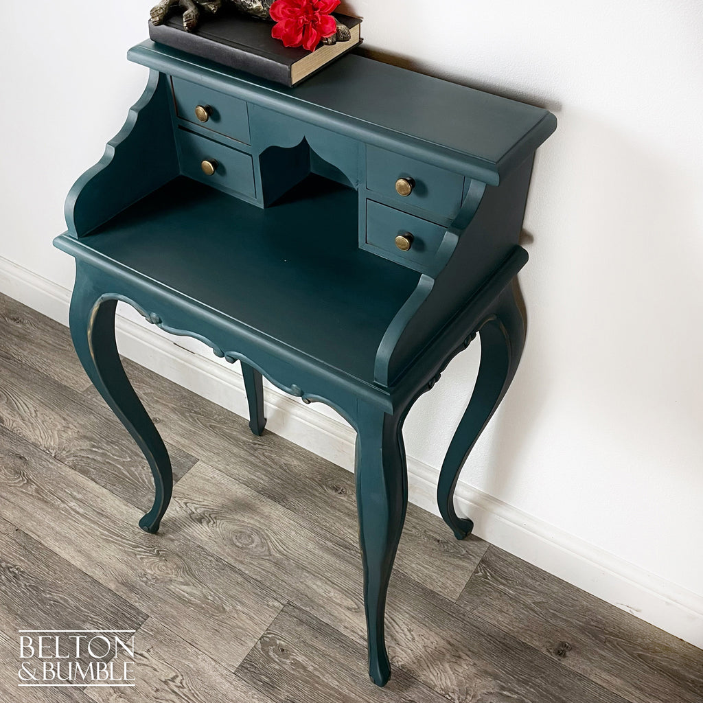Petite Console Bureau Hallway Table in Dark Teal Blue and Bronze-Belton & Bumble
