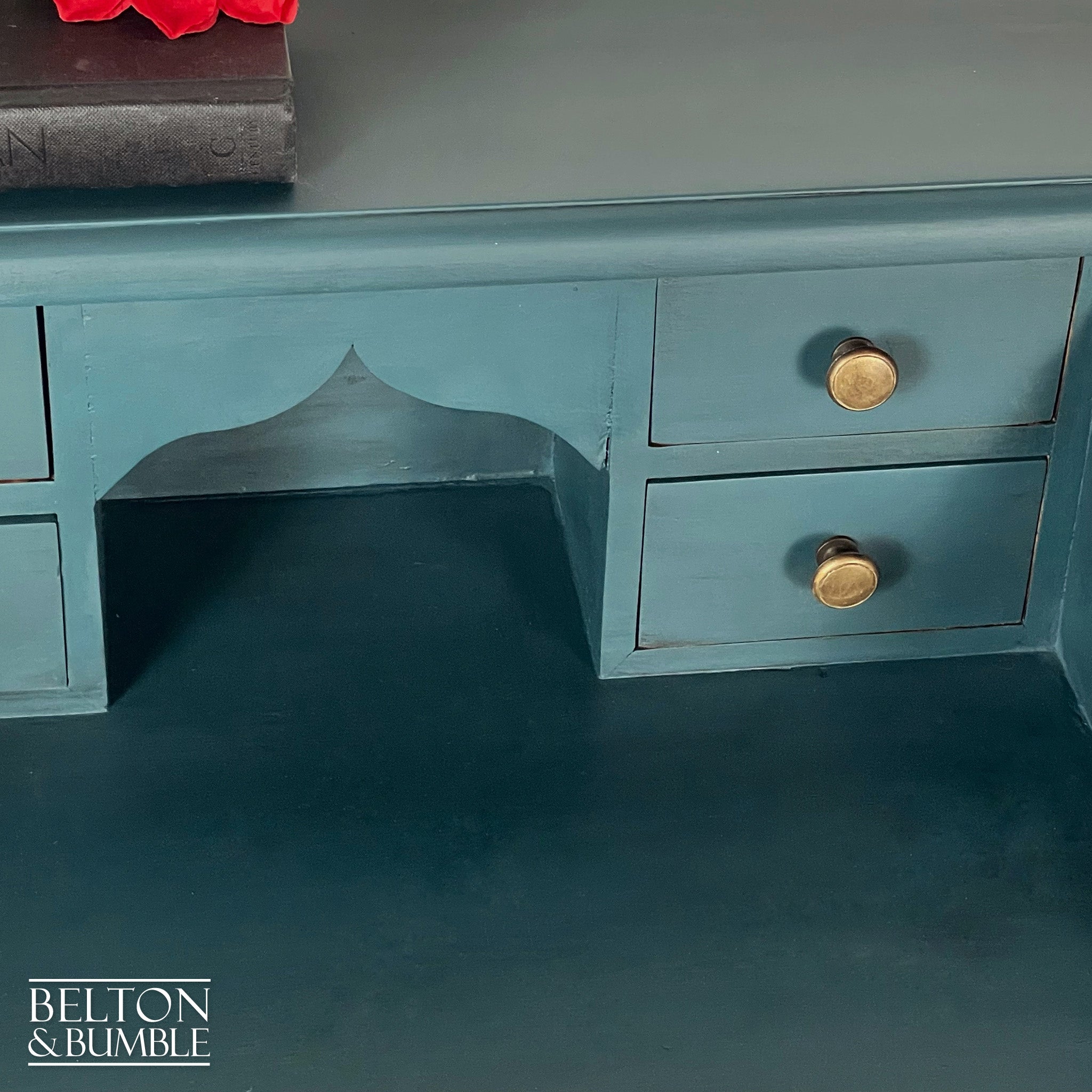 Petite Console Bureau Hallway Table in Dark Teal Blue and Bronze-Belton & Bumble