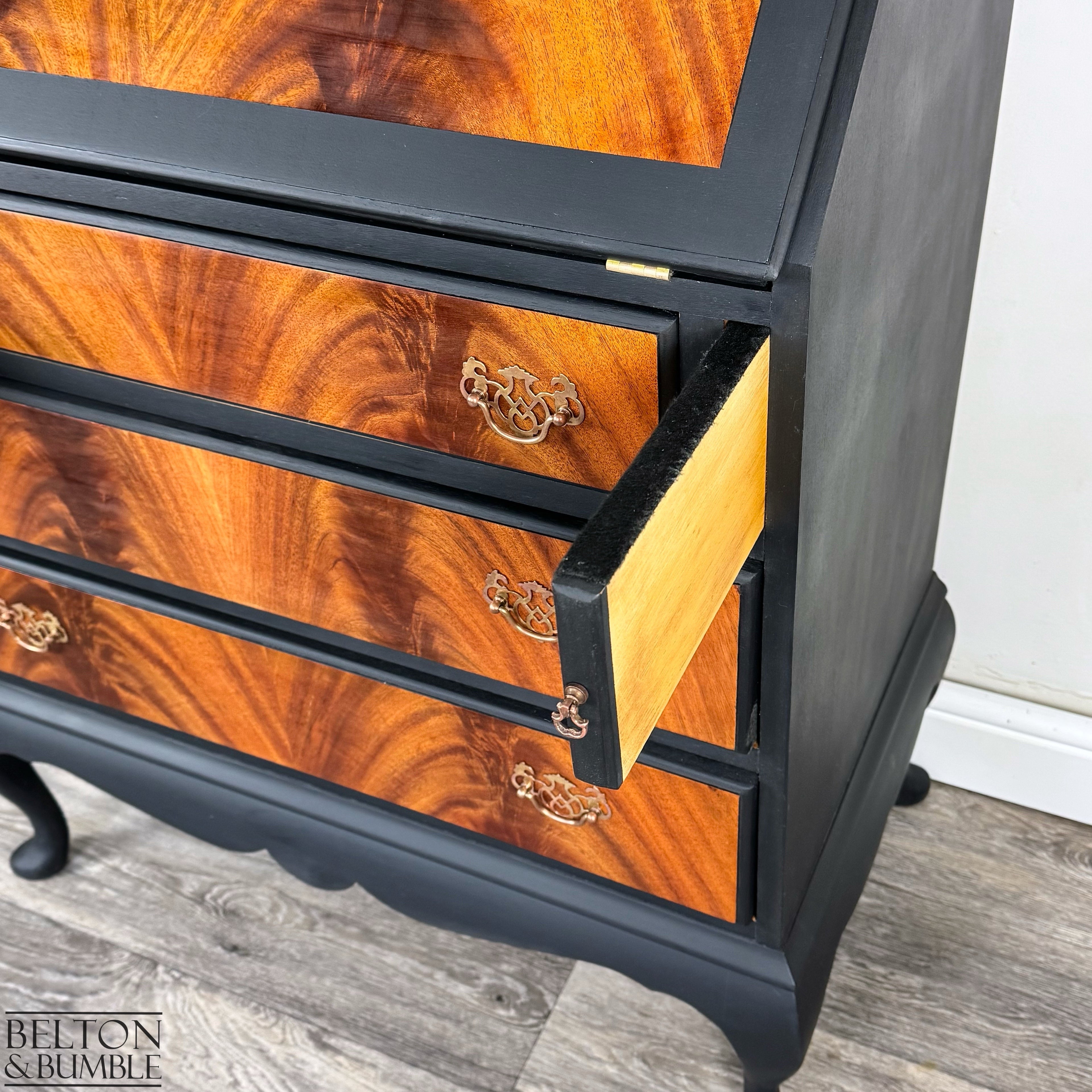 Queen Anne Flame Mahogany Writing Bureau Desk in Black-Belton & Bumble