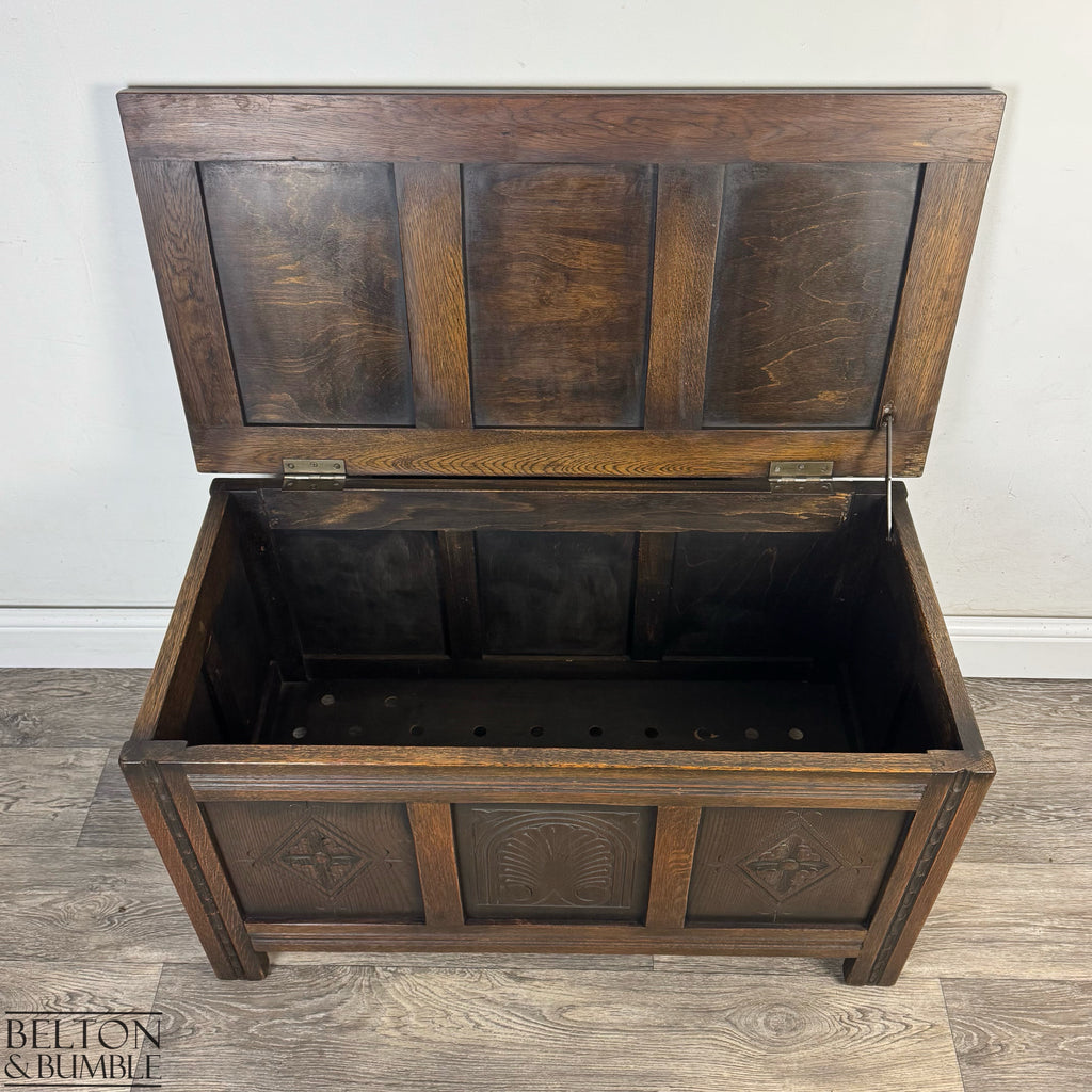 Vintage Oak Carved Panel Blanket Box, Storage Chest Coffer