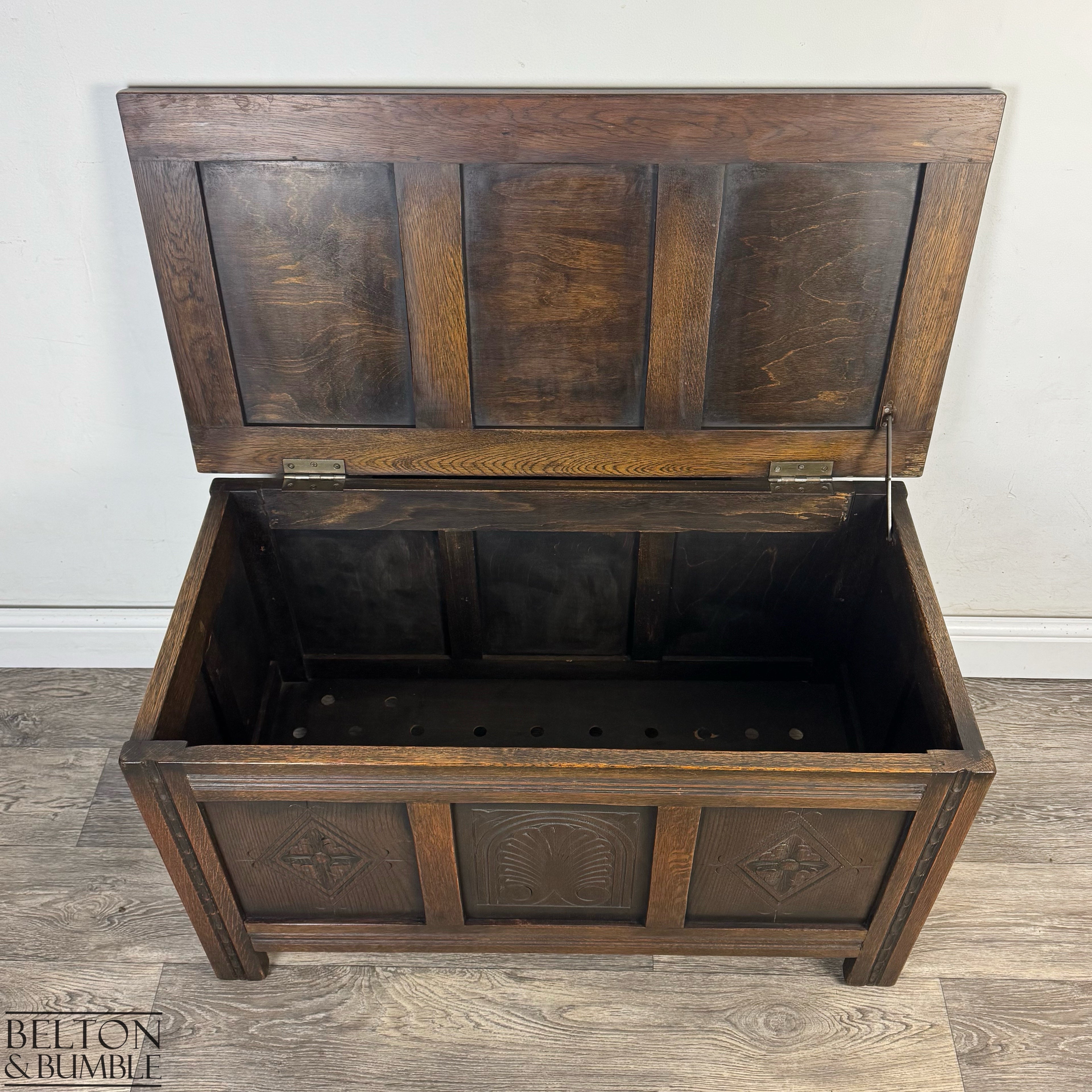 Vintage Oak Carved Panel Blanket Box, Storage Chest Coffer