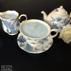 Soy Wax Vintage Teacup and Saucer, Milk Jug and Tea Pot Candle Set with “Fresh Linen” Scent-Belton & Butler