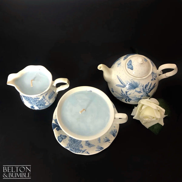 Soy Wax Vintage Teacup and Saucer, Milk Jug and Tea Pot Candle Set with “Fresh Linen” Scent-Belton & Butler
