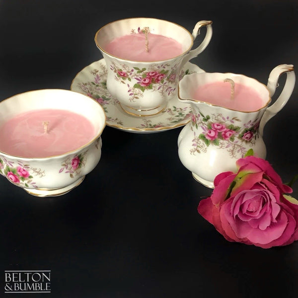 Soy Wax Vintage Teacup and Saucer, Cream Jug and Sugar Bowl Candle Set with “Pink Champagne” Scent-Belton & Butler
