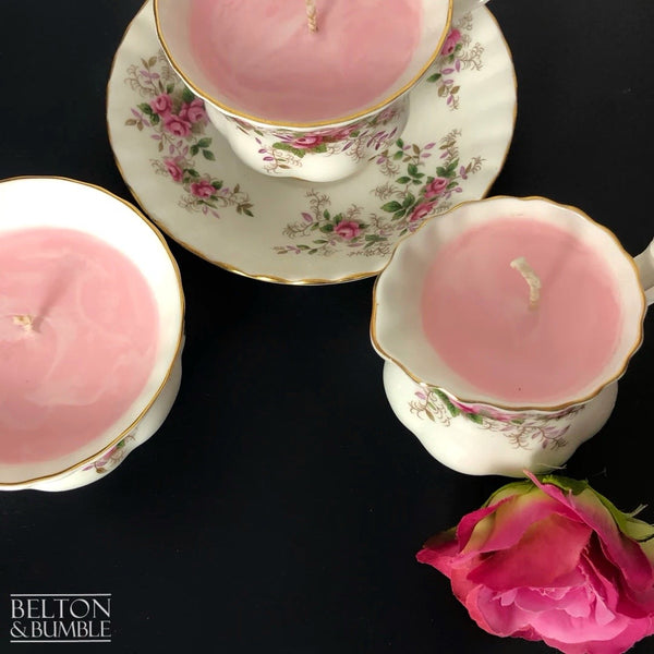 Soy Wax Vintage Teacup and Saucer, Cream Jug and Sugar Bowl Candle Set with “Pink Champagne” Scent-Belton & Butler