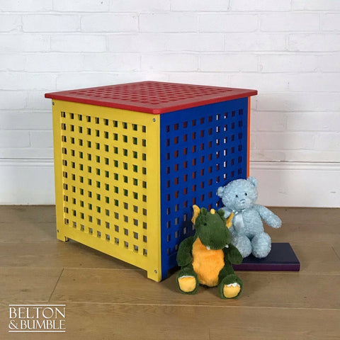 Children’s Multi Coloured Toy Storage Box – Styled product shot with complementary décor to suggest scale