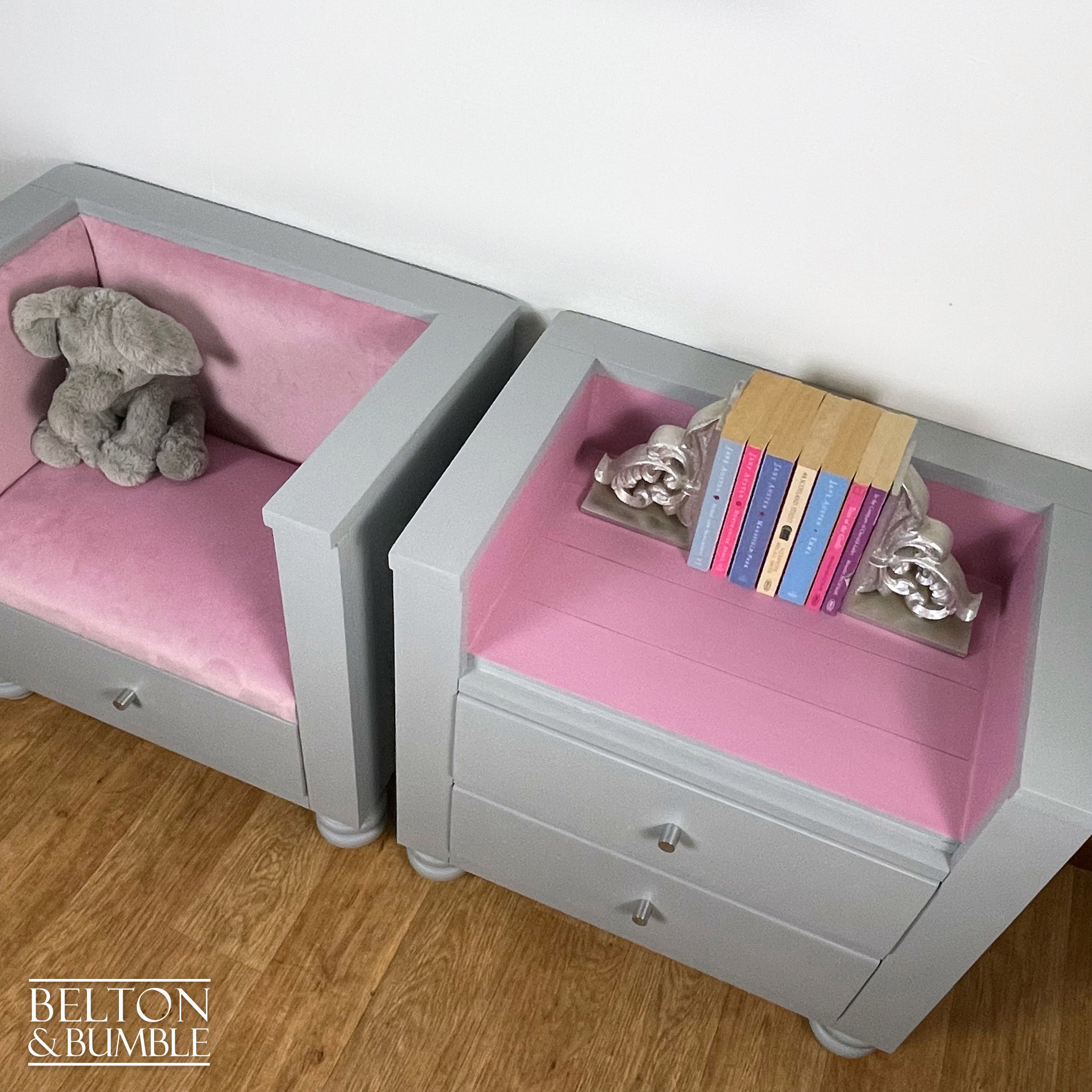Children’s Reading Seat and Storage Bookcase Set – Close-up of pink velvet and bookcase