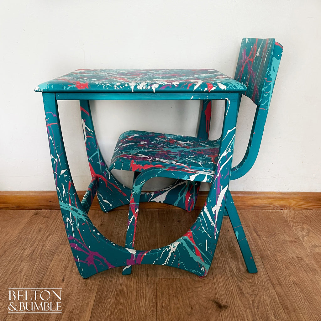 Childs Writing Desk Table and Chair Set in Teal with Multi Coloured Details – angled view showing proportions and stance