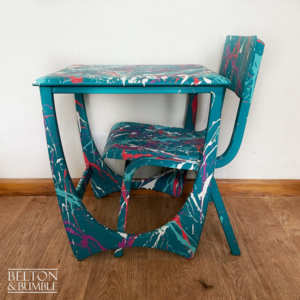 Childs Writing Desk Table and Chair Set in Teal with Multi Coloured Details – angled view showing proportions and stance