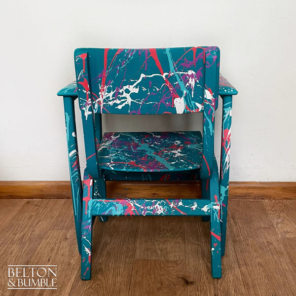 Childs Writing Desk Table and Chair Set in Teal with Multi Coloured Details – Close-up of wood with teal, patterned finish and texture