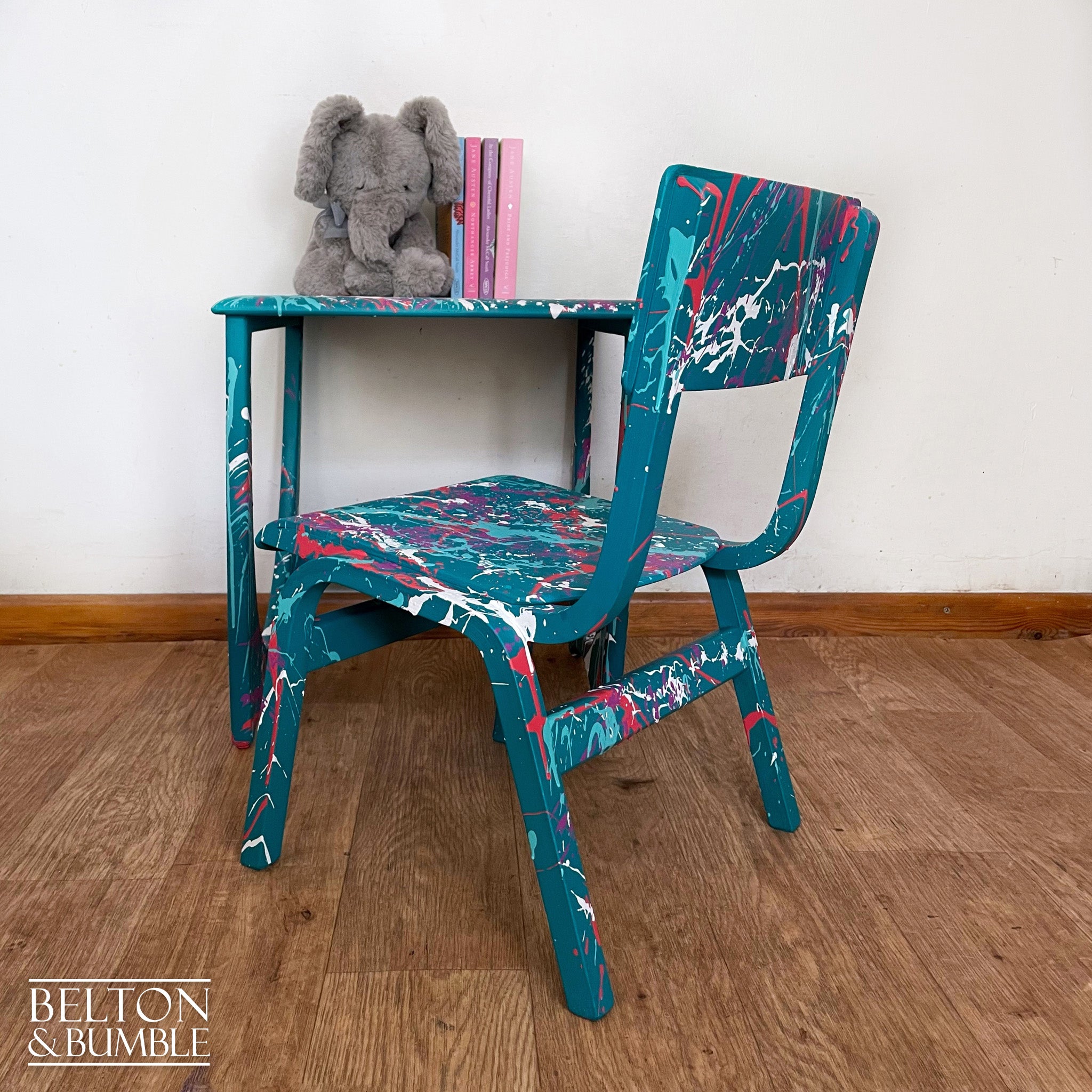 Childs Writing Desk Table and Chair Set in Teal with Multi Coloured Details – Restored vintage piece with wood and bright coloured accents, wooden legs