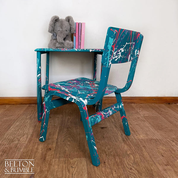 Childs Writing Desk Table and Chair Set in Teal with Multi Coloured Details – Restored vintage piece with wood and bright coloured accents, wooden legs
