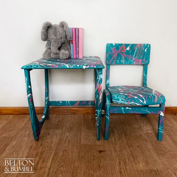 Childs Writing Desk Table and Chair Set in Teal with Multi Coloured Details – front view showing overall layout