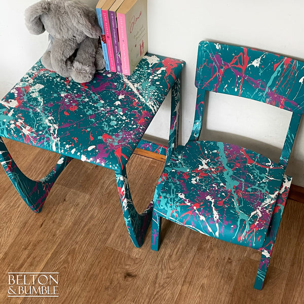 Childs Writing Desk Table and Chair Set in Teal with Multi Coloured Details – Side profile highlighting depth, leg shape and silhouette