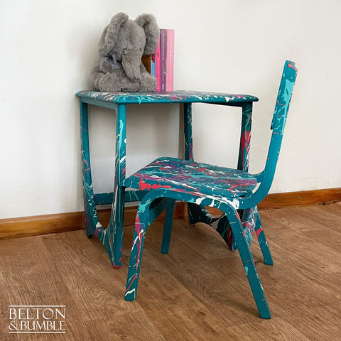 Childs Writing Desk Table and Chair Set in Teal with Multi Coloured Details – Styled product shot with complementary decor to suggest scale