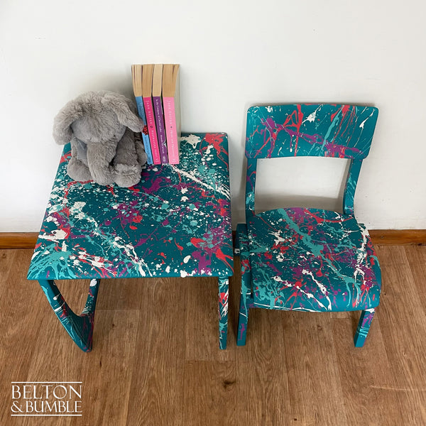 Childs Writing Desk Table and Chair Set in Teal with Multi Coloured Details – Top detail showing bright coloured accents