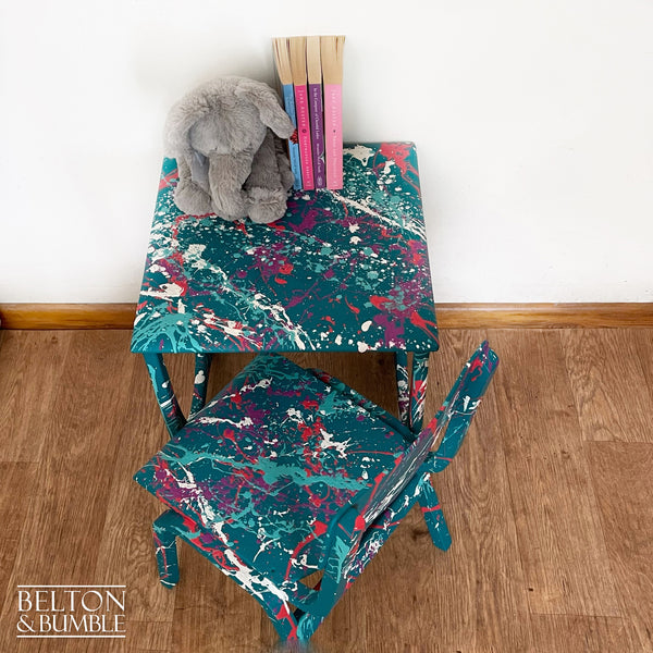 Childs Writing Desk Table and Chair Set in Teal with Multi Coloured Details – Top surface detail showing bright coloured accents
