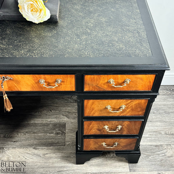 Classic Mahogany Twin Pedestal Desk in Black — angled view showing nine drawers and generous work surface
