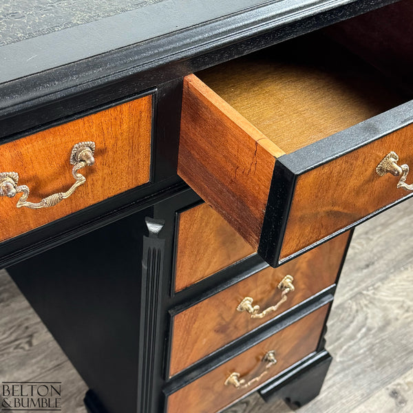 Classic Mahogany Twin Pedestal Desk in Black — Drawer open showing dovetail joints and storage layout