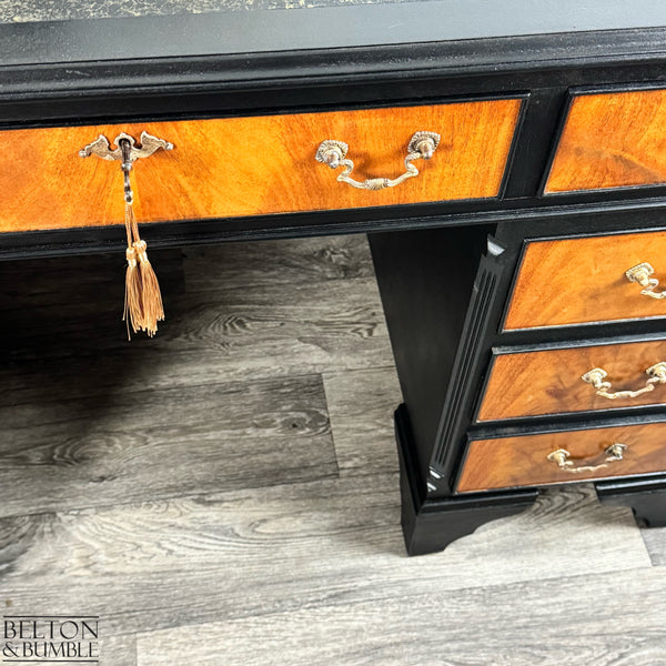 Classic Mahogany Twin Pedestal Desk in Black — Close-up of original brass swan-neck handles with subtle gold gilt and key tassel