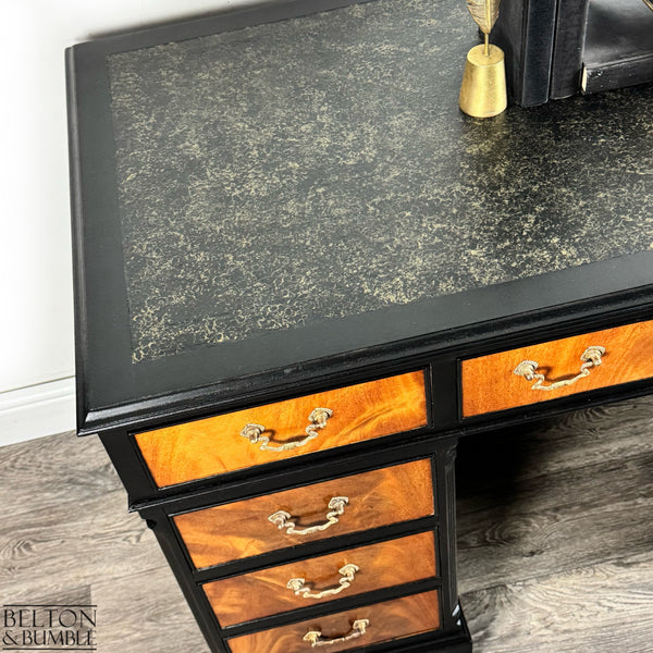 Classic Mahogany Twin Pedestal Desk in Black — Close-up of black refinished leather inset with bronze detailing