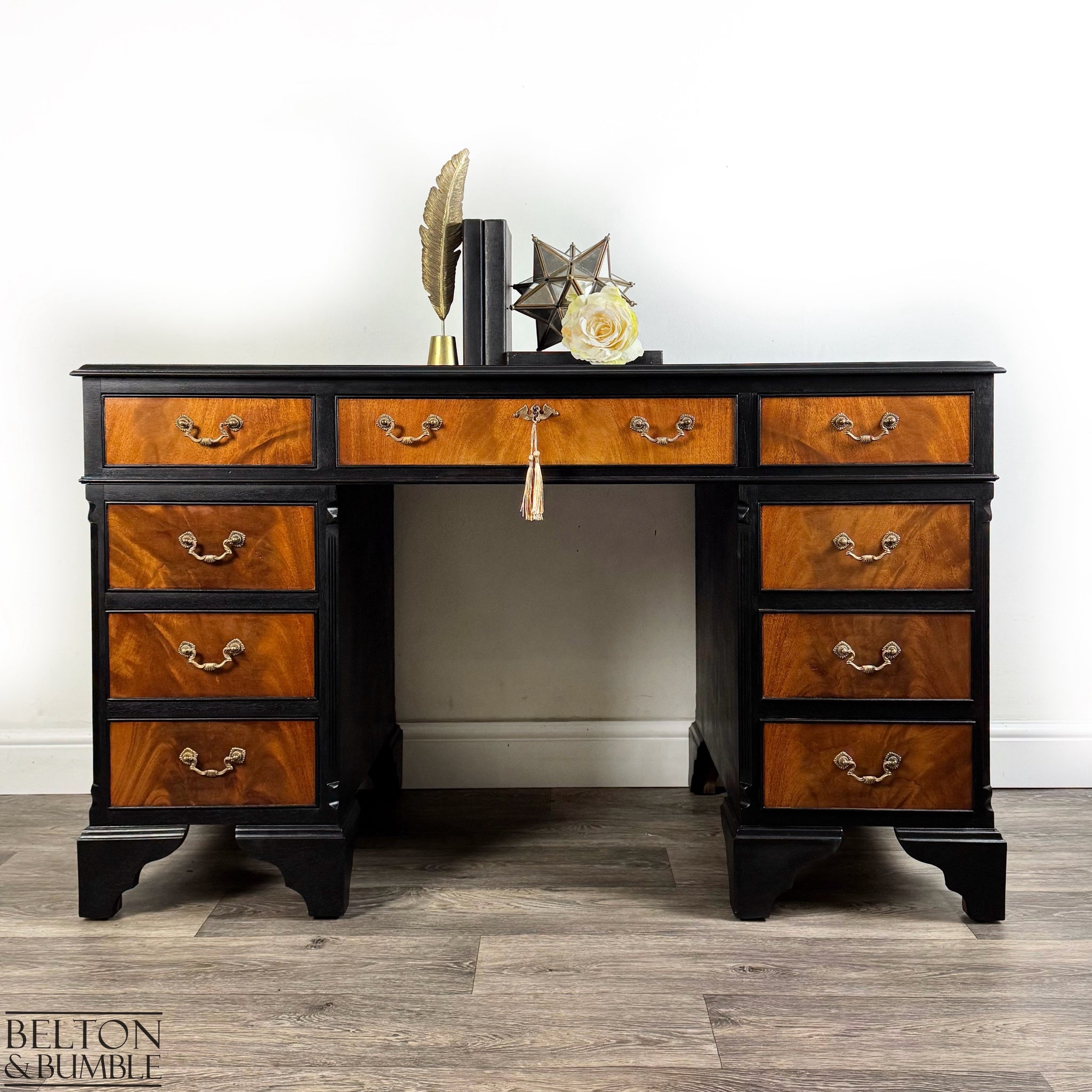 Classic Mahogany Twin Pedestal Desk in Black — Styled workspace shot with accessories to show scale