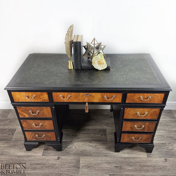 Classic Mahogany Twin Pedestal Desk in Black — top view showing leather, nine drawers and generous work surface