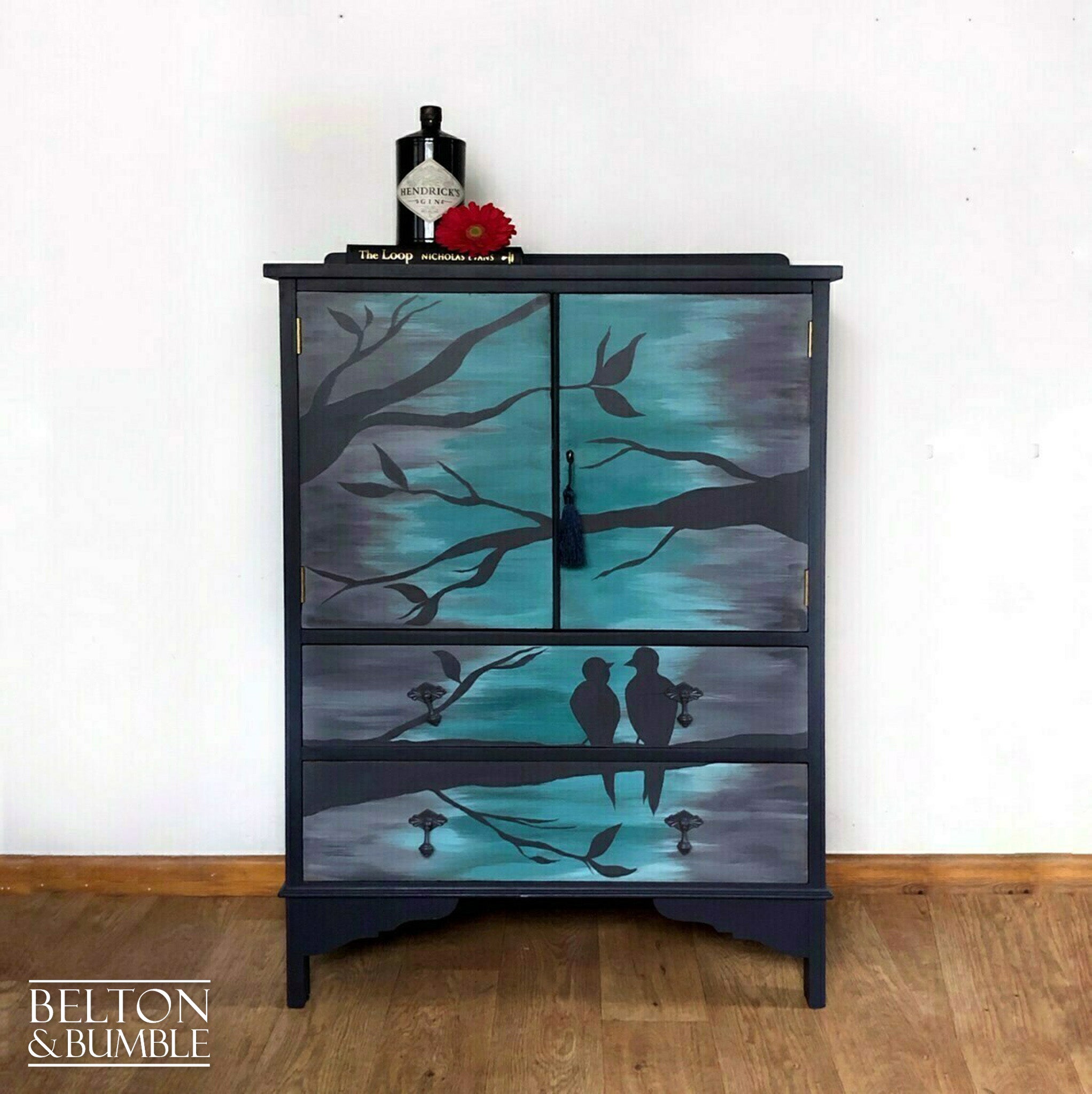 Cocktail Cupboard in Navy with Hand Painted Bird Design-Belton & Bumble