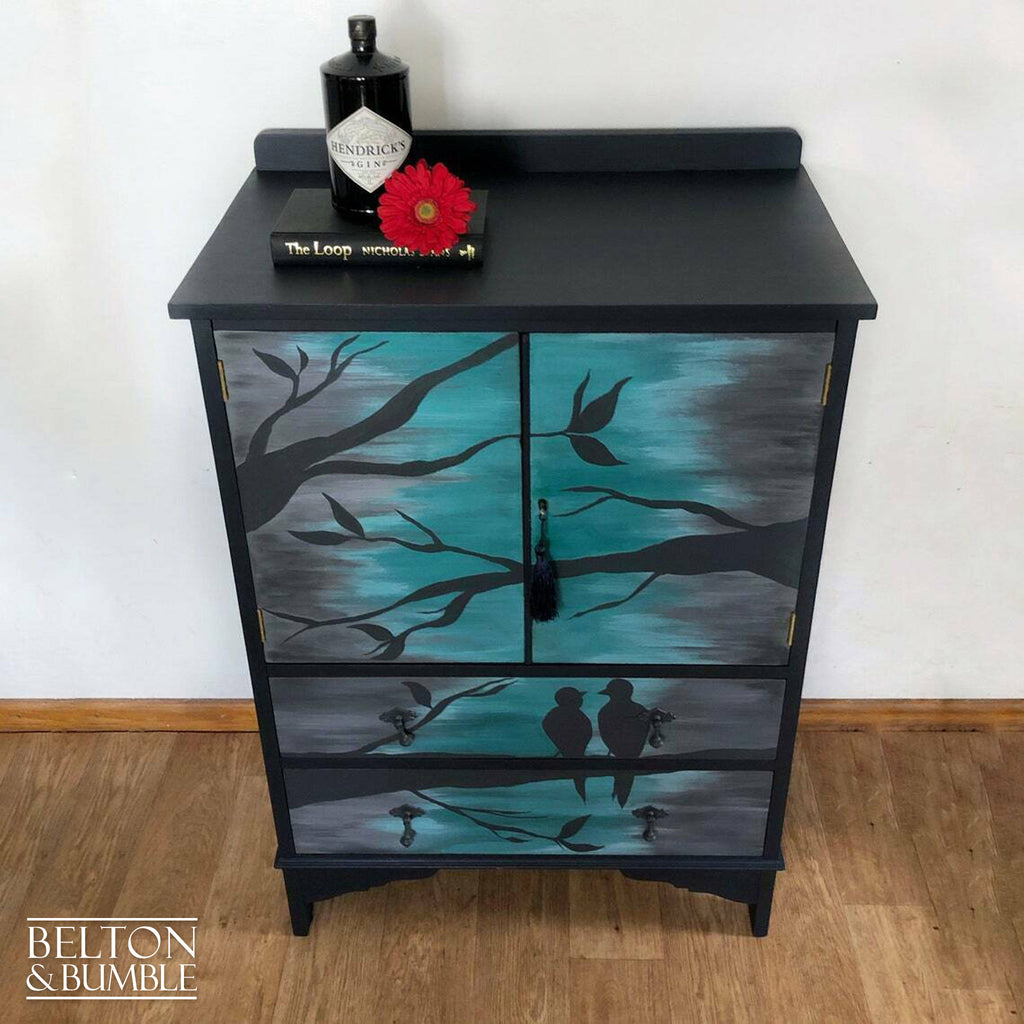 Cocktail Cupboard in Navy with Hand Painted Bird Design-Belton & Bumble