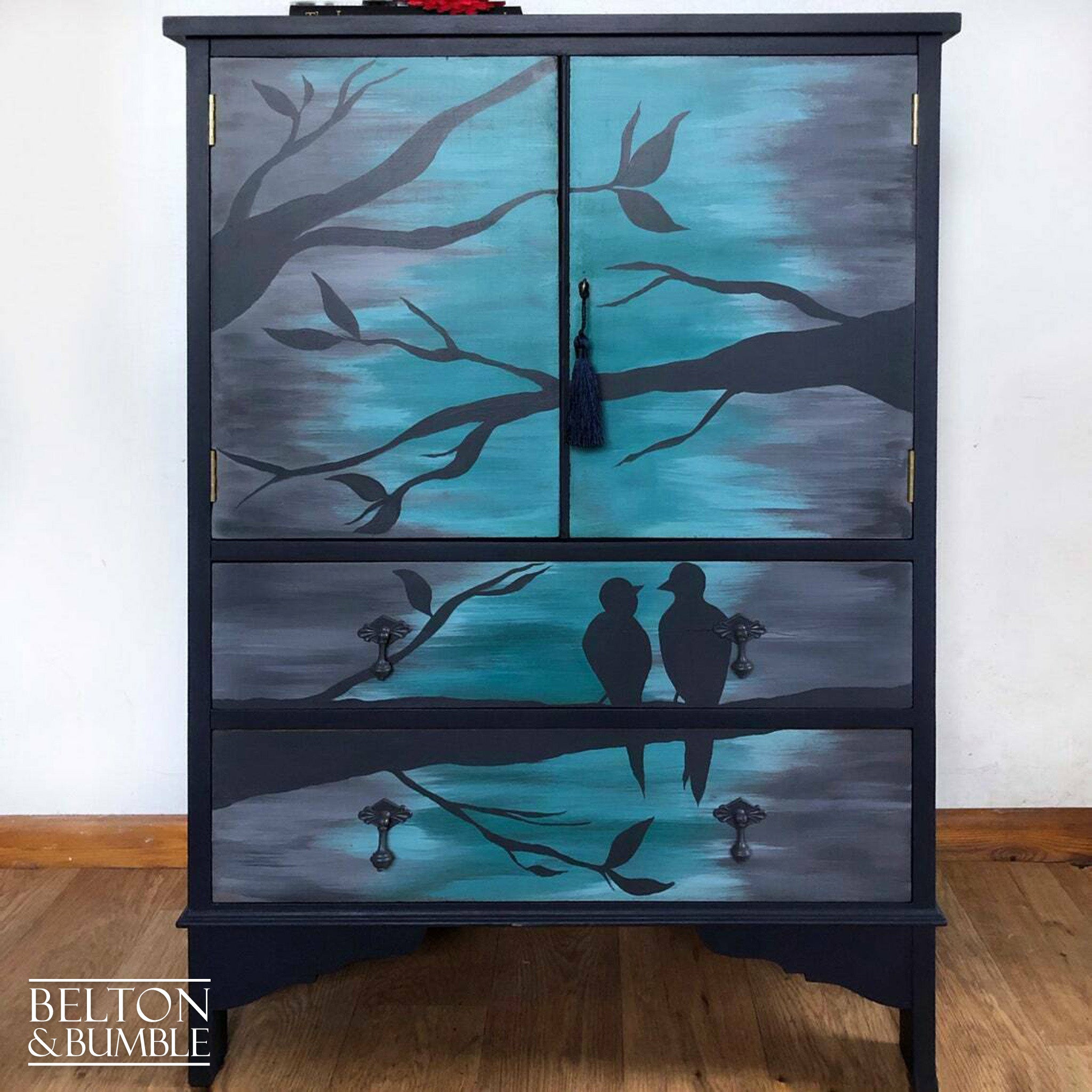 Cocktail Cupboard in Navy with Hand Painted Bird Design-Belton & Bumble