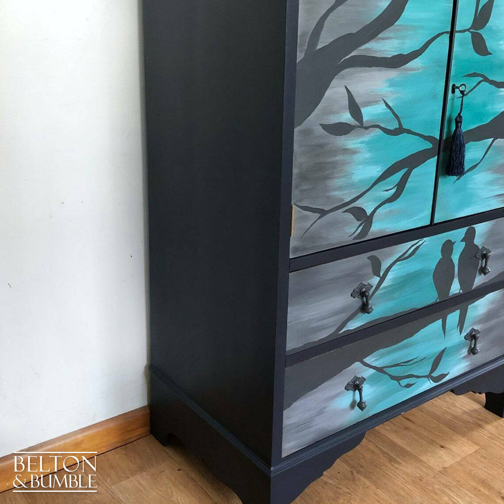 Cocktail Cupboard in Navy with Hand Painted Bird Design-Belton & Bumble