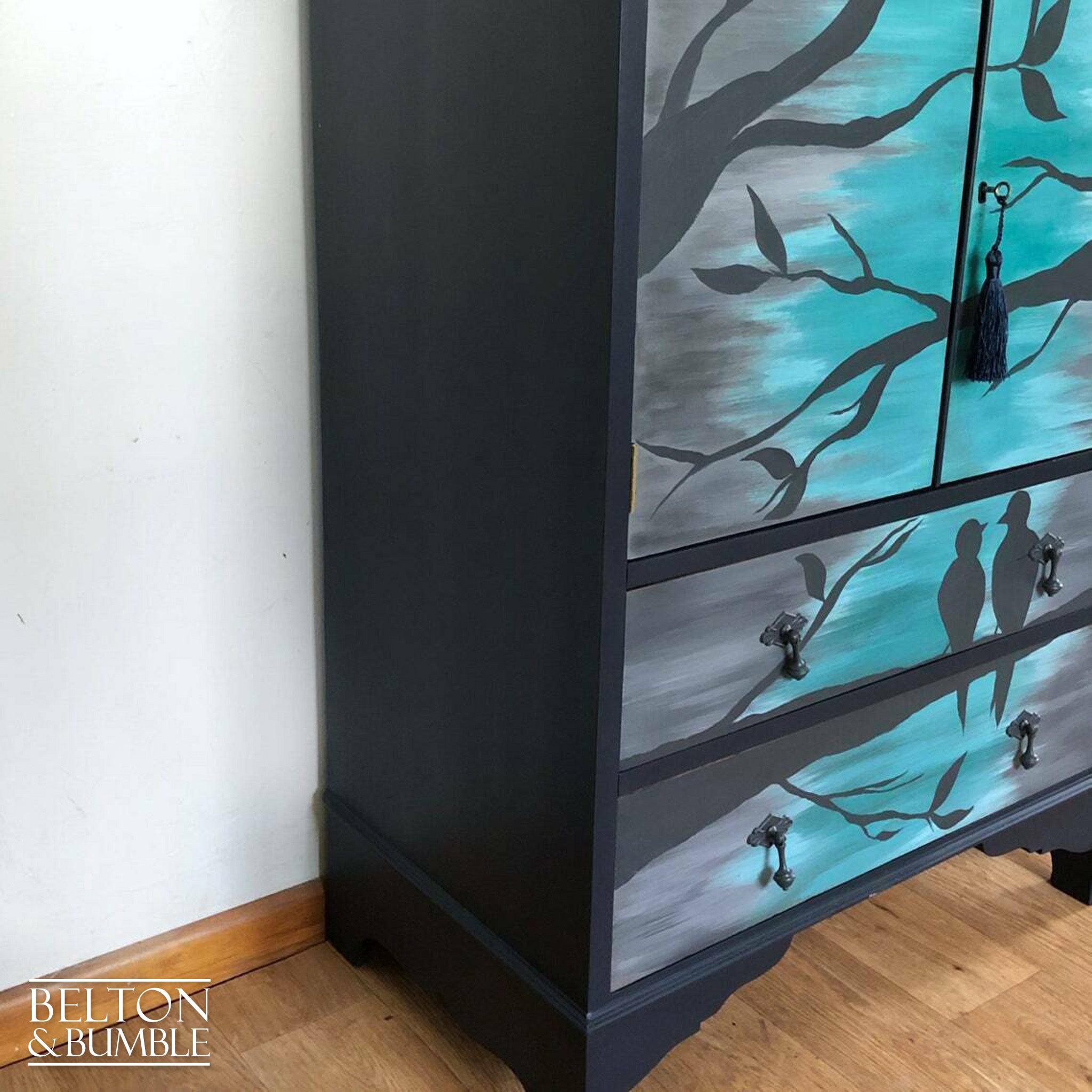 Cocktail Cupboard in Navy with Hand Painted Bird Design-Belton & Bumble