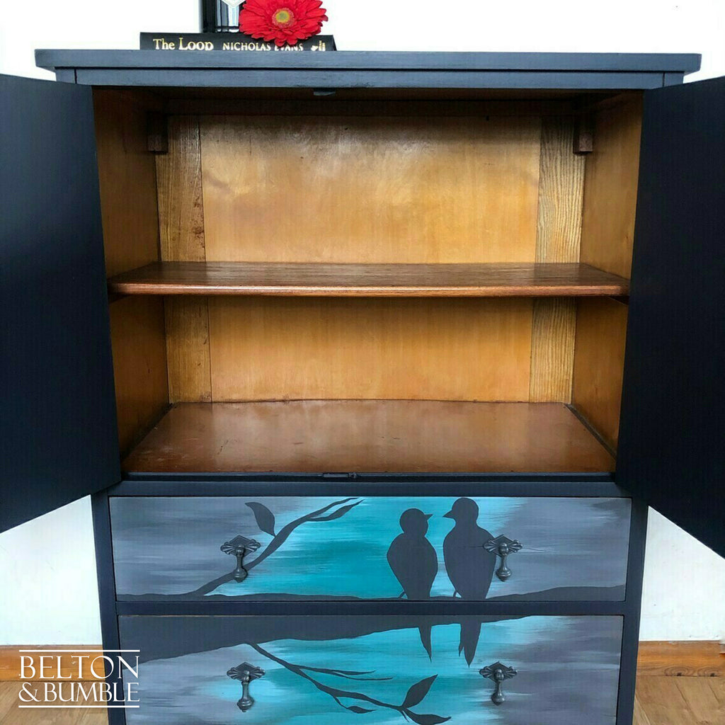 Cocktail Cupboard in Navy with Hand Painted Bird Design-Belton & Bumble