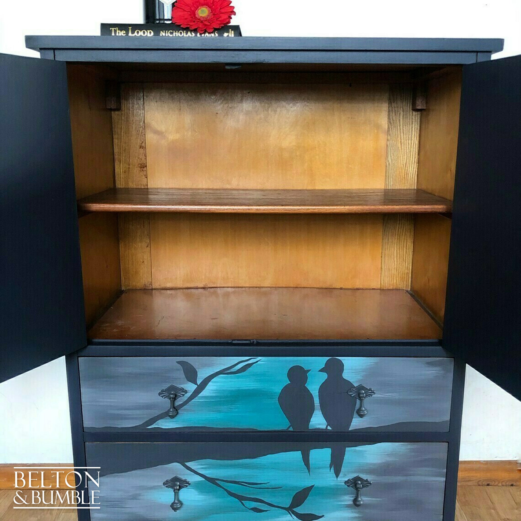 Cocktail Cupboard in Navy with Hand Painted Bird Design-Belton & Bumble