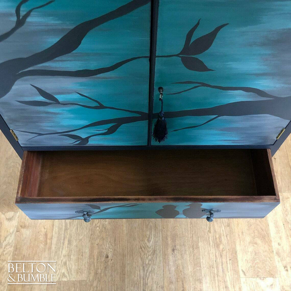 Cocktail Cupboard in Navy with Hand Painted Bird Design-Belton & Bumble