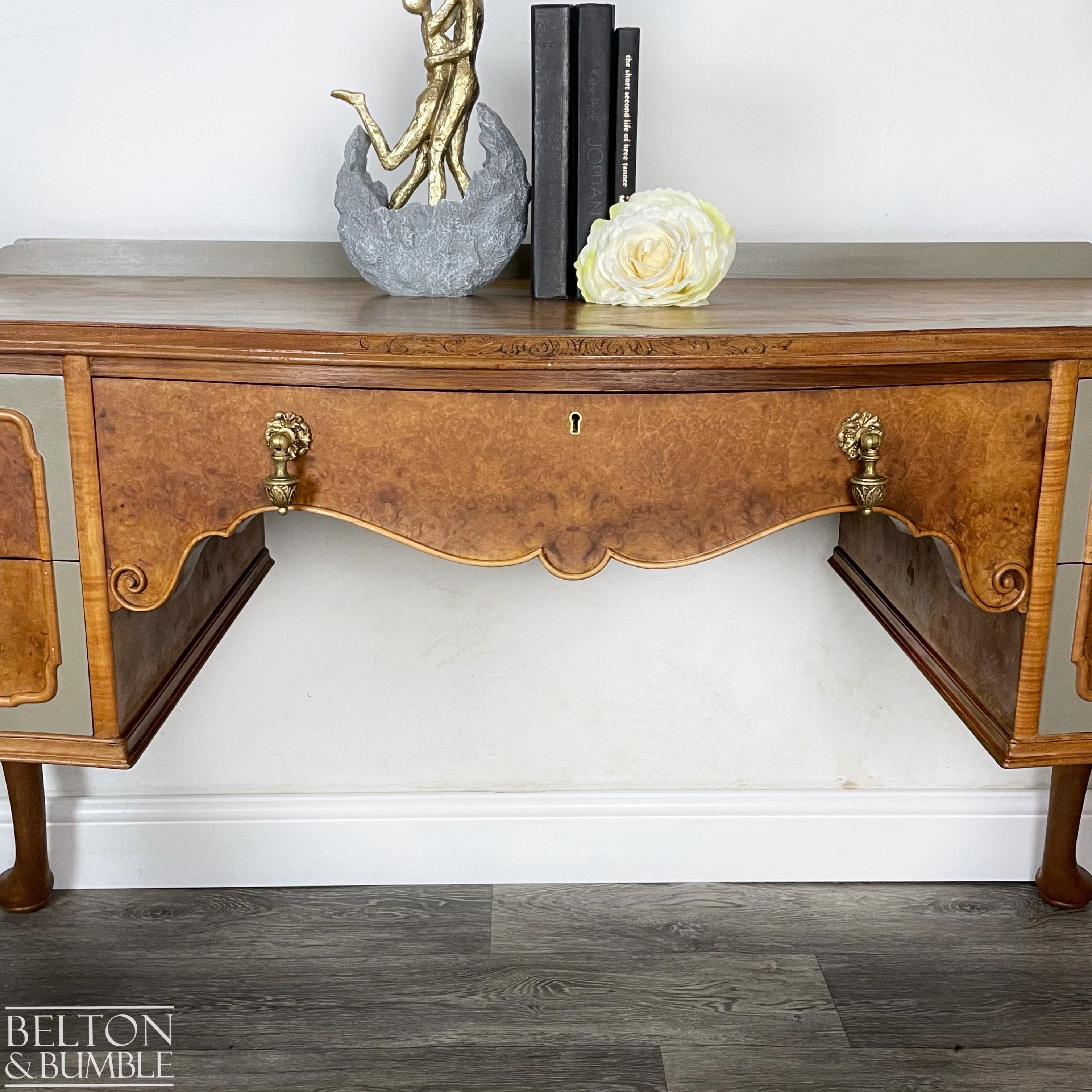 Large Cherry & Burr Cut Veneer Desk / Dressing Table in Green Grey-Belton & Bumble