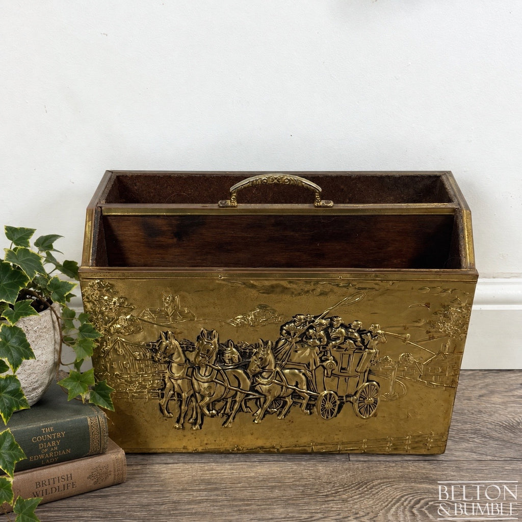 Vintage Brass Coaching Scene Magazine Rack by Lombard