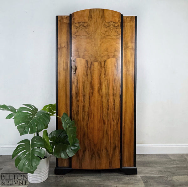 Bow-Fronted Vintage Wardrobe Tallboy in Walnut & Black