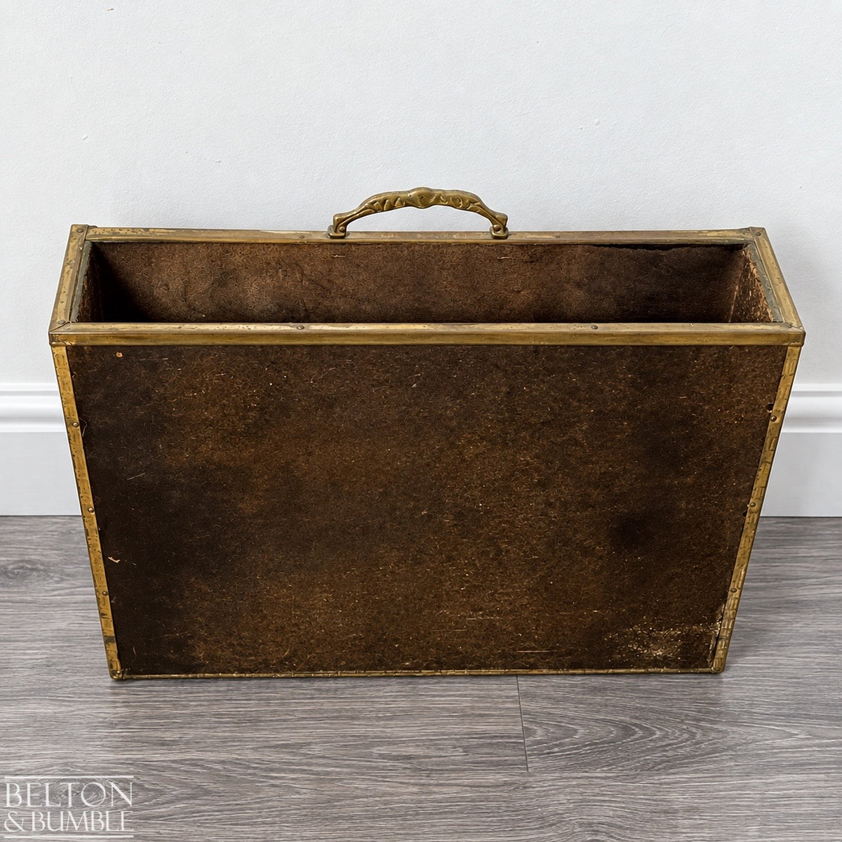 Mid Century Brass On Wood Magazine Holder with Coach & Horses Embossed