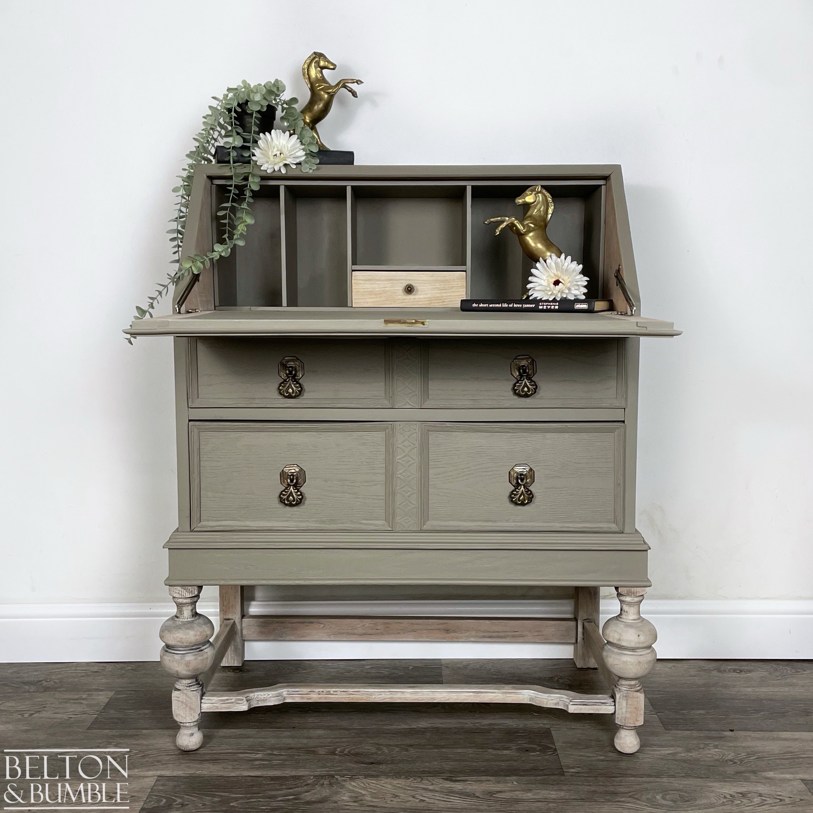Oak Writing Desk Bureau in Green Grey-Bureau-Belton & Bumble