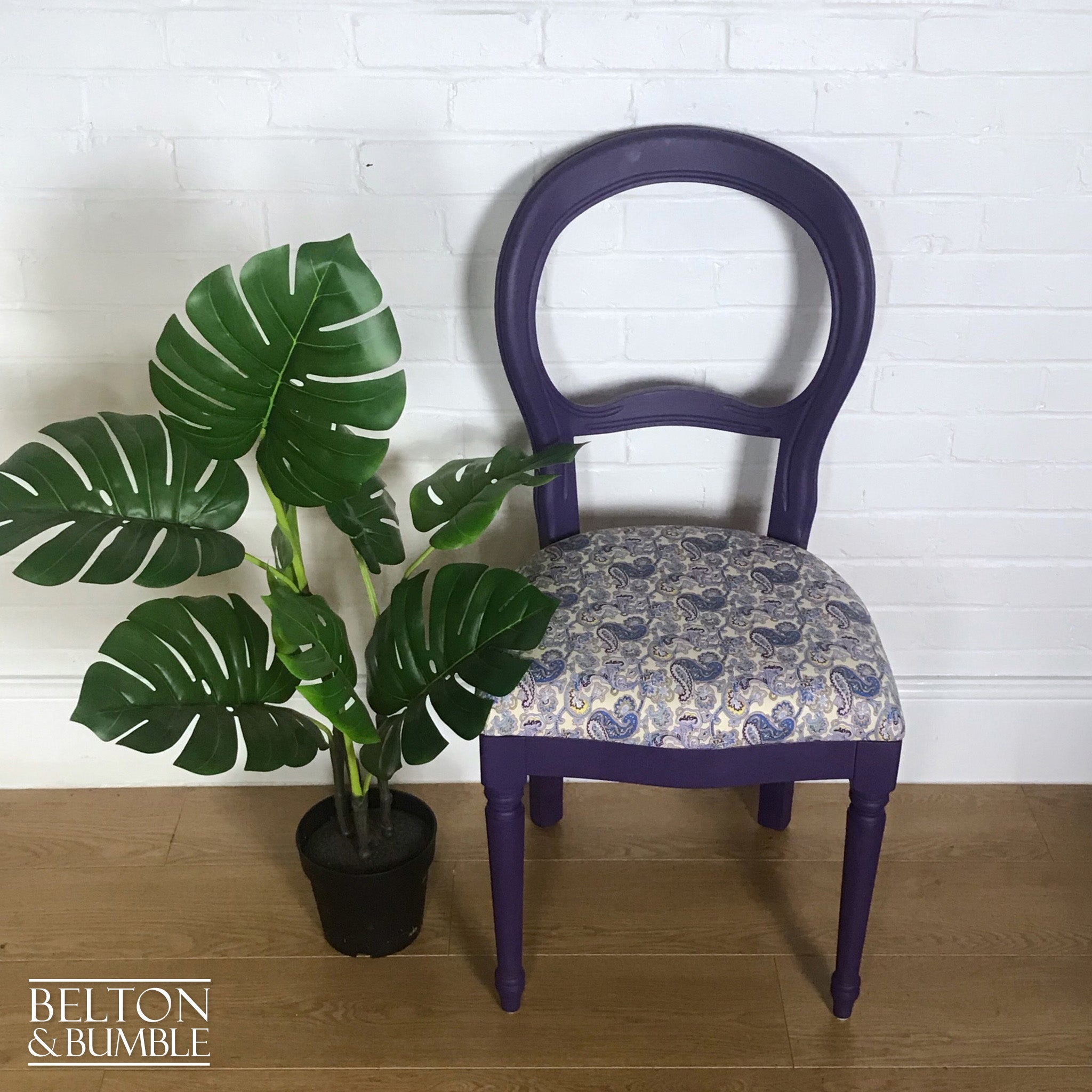 Purple Balloon Backed Chair Reupholstered Purple Paisley Print Fabric-Belton & Bumble