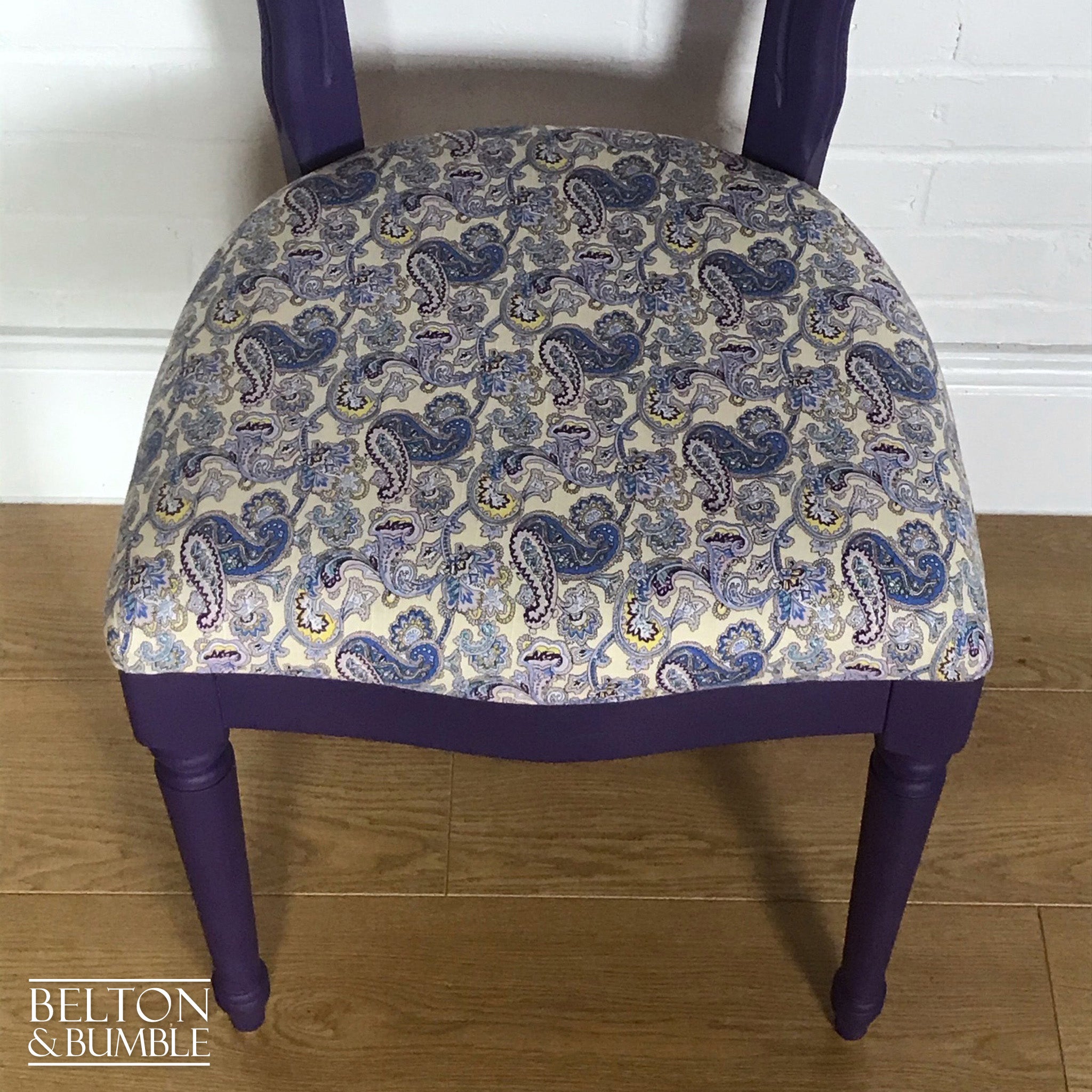 Purple Balloon Backed Chair Reupholstered Purple Paisley Print Fabric-Belton & Bumble