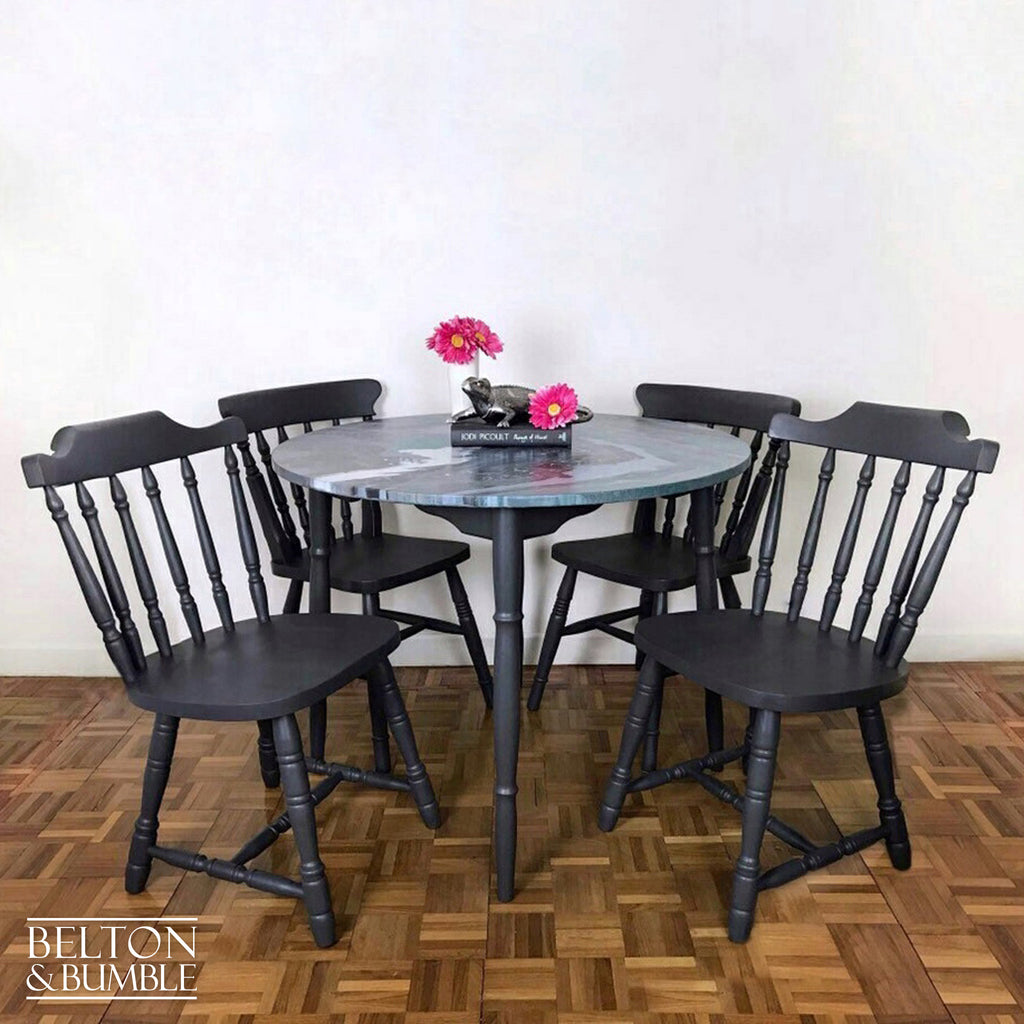 Dark Grey Dining Table and Four Chair Set with Acrylic Paint Pour on the Top of Table.-Belton & Bumble