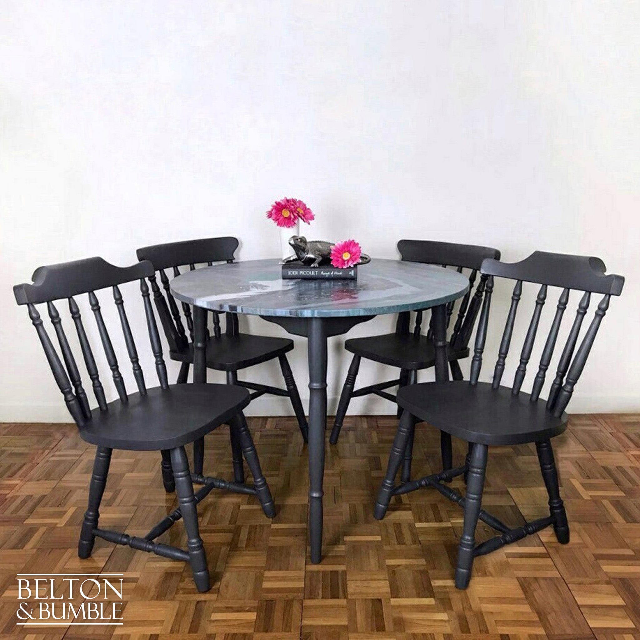 Dark Grey Dining Table and Four Chair Set with Acrylic Paint Pour on the Top of Table.-Belton & Butler