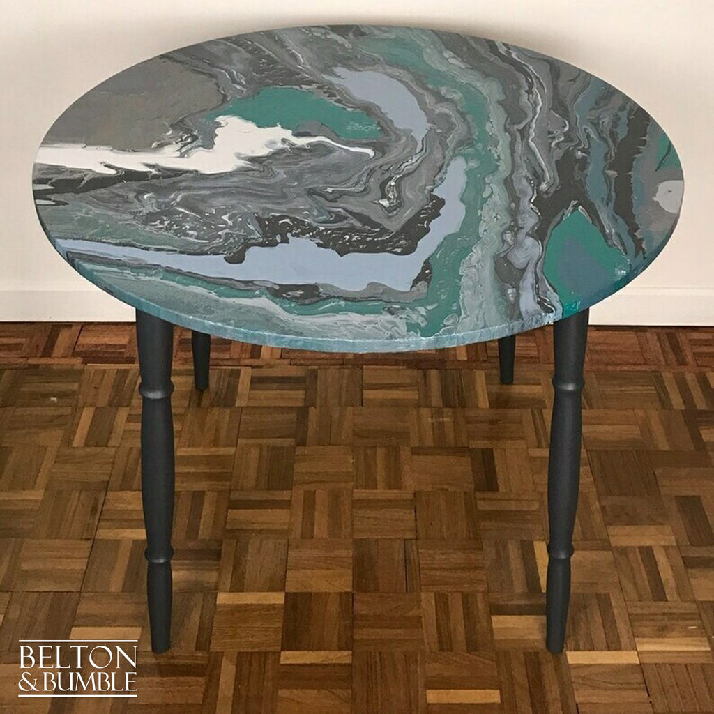 Dark Grey Dining Table and Four Chair Set with Acrylic Paint Pour on the Top of Table.-Belton & Bumble