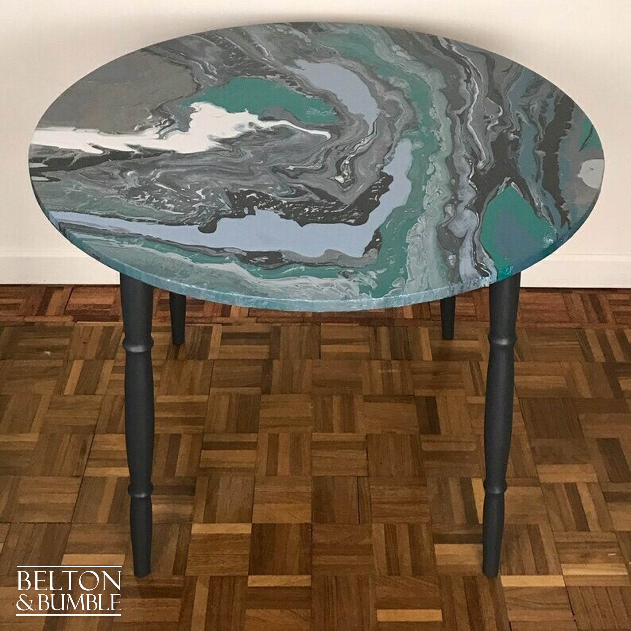 Dark Grey Dining Table and Four Chair Set with Acrylic Paint Pour on the Top of Table.-Belton & Bumble
