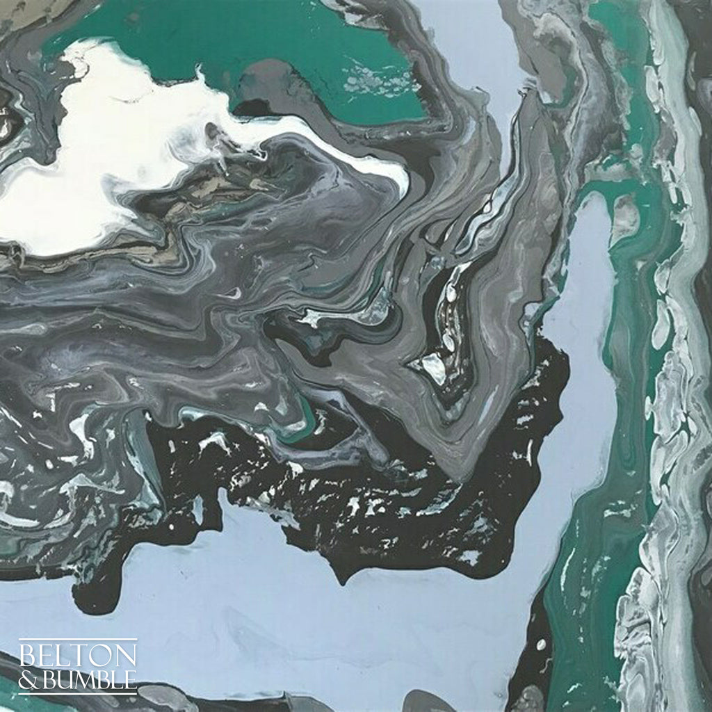 Dark Grey Dining Table and Four Chair Set with Acrylic Paint Pour on the Top of Table.-Belton & Bumble